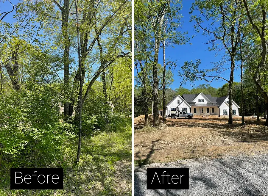 Before and after: trees cleared to reveal a home and open yard — Pine Barrens Land & Forestry